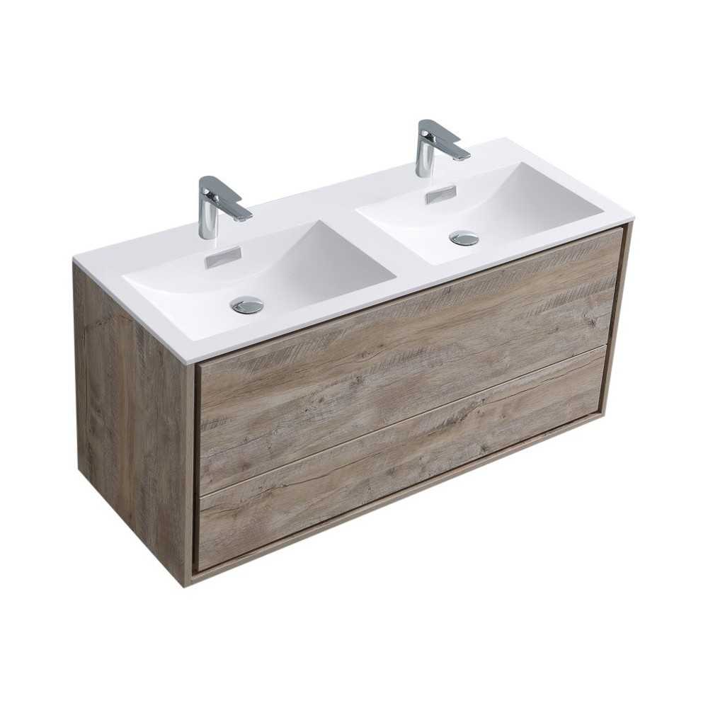 DeLusso 48" Double Sink Wall Mount Modern Bathroom Vanity, Nature Wood