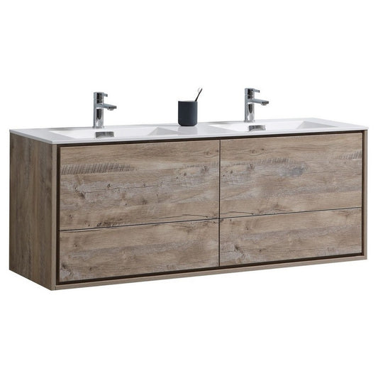 DeLusso 60" Double Sink Nature Wood Wall Mount Modern Bathroom Vanity