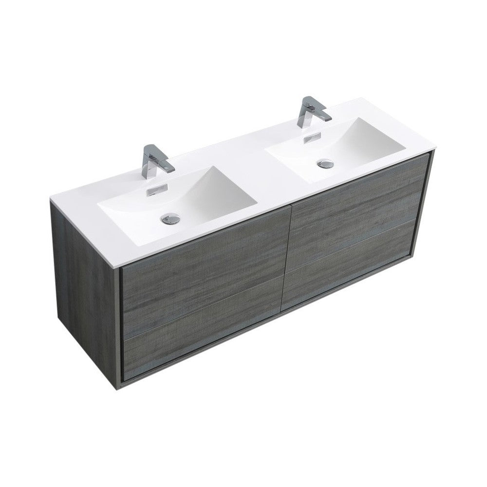 DeLusso 60" Double Sink Wall Mount Modern Bathroom Vanity, Ocean Gray