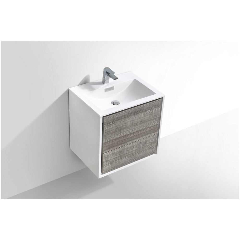 DeLusso Wall Mount Modern Bathroom Vanity, Ash Gray, 24"