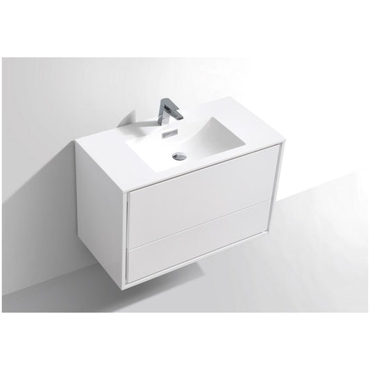 DeLusso Wall Mount Modern Bathroom Vanity, High Glossy White, 36"