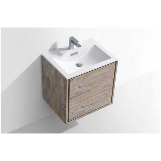 DeLusso Wall Mount Modern Bathroom Vanity, Nature Wood, 24"