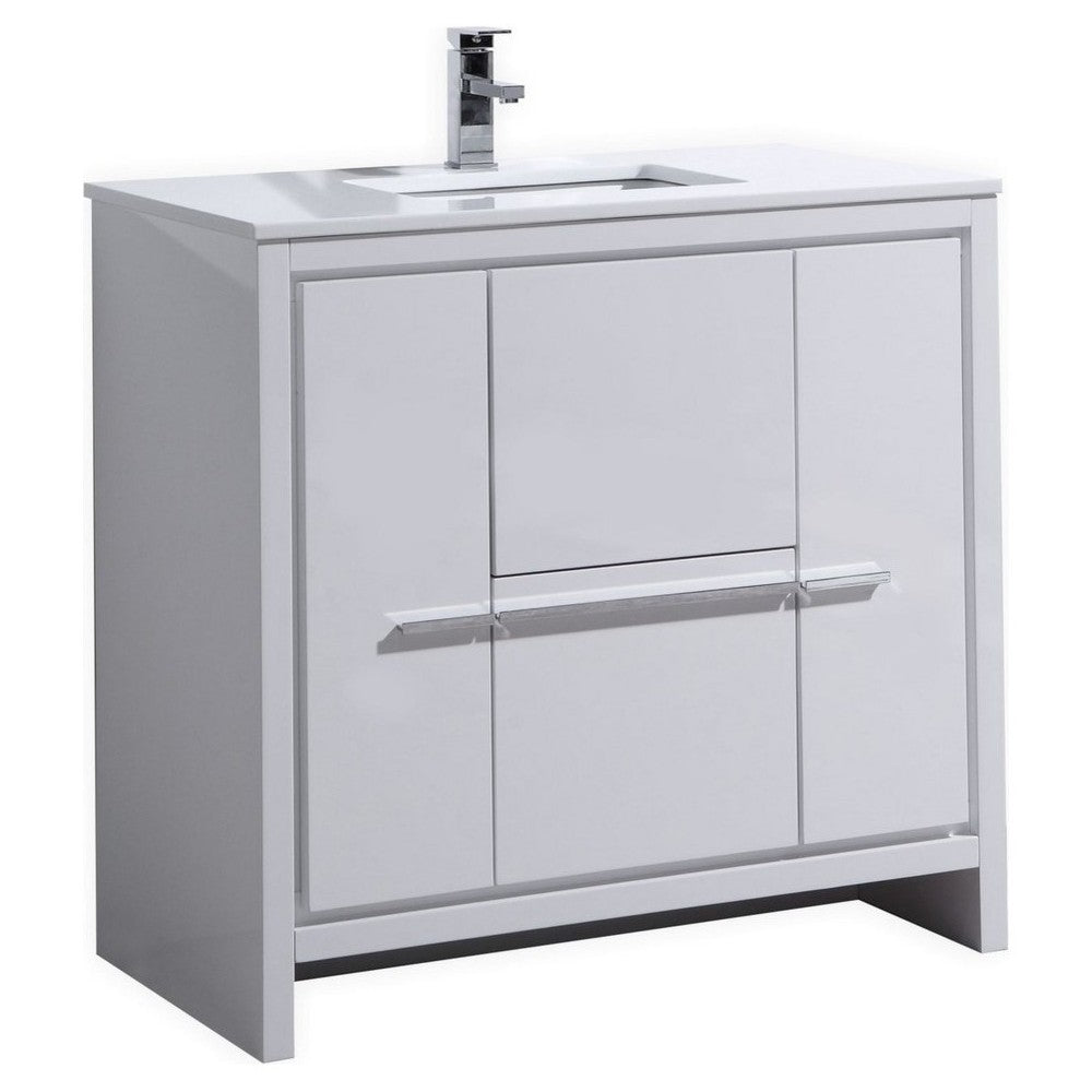 Dolce 36" High Gloss White Modern Bathroom Vanity With White Quartz Counter-Top