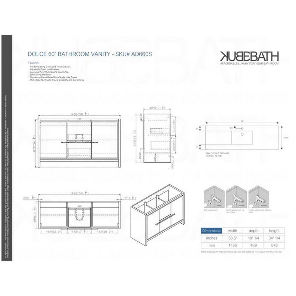 Dolce 60" High Gloss White Modern Bathroom Vanity With White Quartz Counter-Top