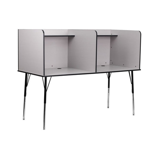 Double Wide Study Carrel with Adjustable Legs and Top Shelf in Nebula Gray Finish