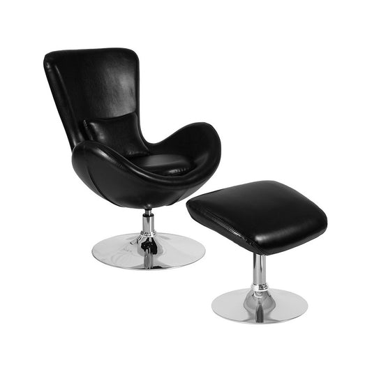 Egg Series Black LeatherSoft Side Reception Chair with Ottoman