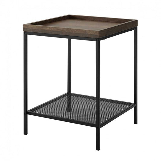 Emma 18" Square Tray Side Table with Mesh Metal Shelf - Dark Walnut