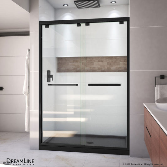 Encore 32 in. D x 54 in. W x 78 3/4 in. H Bypass Shower Door in Satin Black and Center Drain Black Base Kit