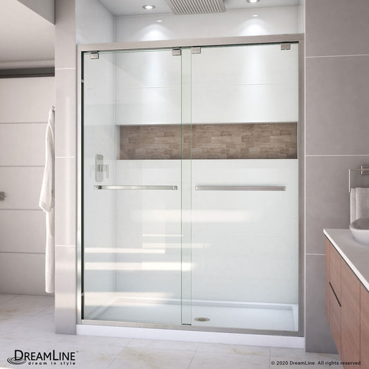 Encore 32 in. D x 60 in. W x 78 3/4 in. H Bypass Shower Door in Brushed Nickel and Center Drain White Base Kit