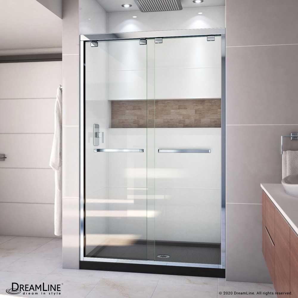 Encore 34 in. D x 48 in. W x 78 3/4 in. H Bypass Shower Door in Chrome and Center Drain Black Base Kit