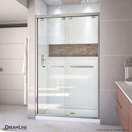 Encore 36 in. D x 48 in. W x 78 3/4 in. H Bypass Shower Door in Brushed Nickel with Center Drain White Base Kit