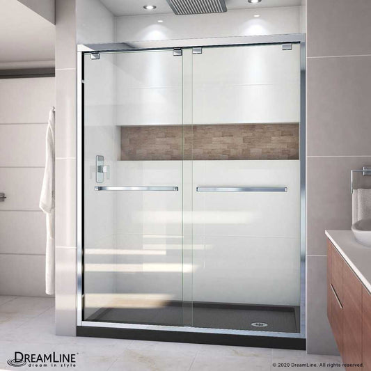 Encore 36 in. D x 60 in. W x 78 3/4 in. H Bypass Shower Door in Chrome and Right Drain Black Base Kit