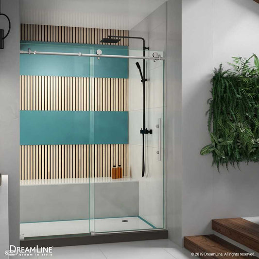 Enigma-X 56-60 in. W x 76 in. H Fully Frameless Sliding Shower Door in Brushed Stainless Steel