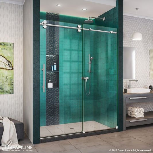 Enigma-XO 56-60 in. W x 76 in. H Fully Frameless Sliding Shower Door in Polished Stainless Steel