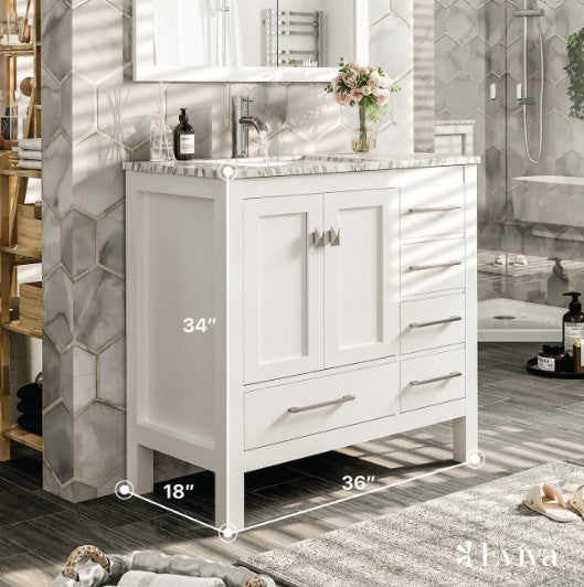 Eviva London 36"x18" White Transitional Bathroom Vanity With White Carrara Top