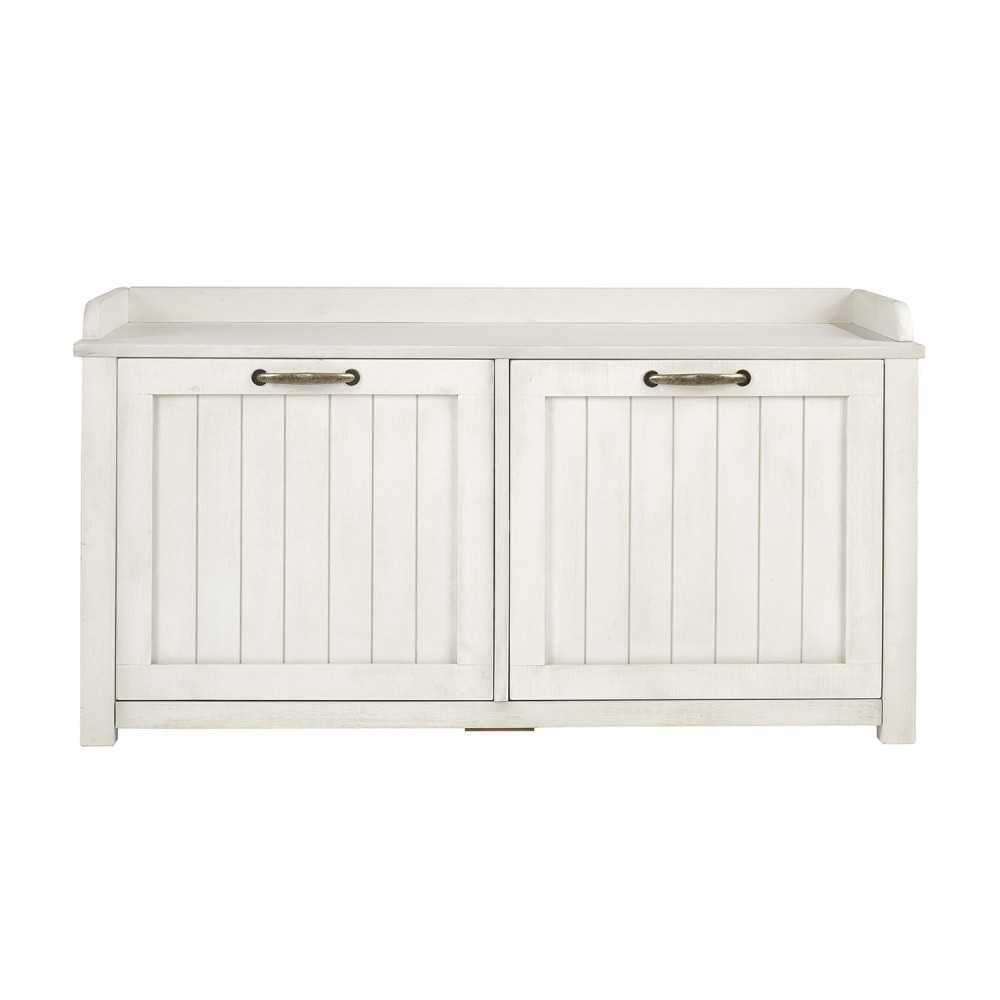 Farmhouse Tray Top Grooved Drop Down Shoe Storage Entry Bench - White Wash