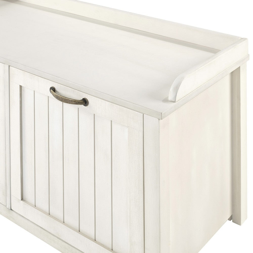 Farmhouse Tray Top Grooved Drop Down Shoe Storage Entry Bench - White Wash