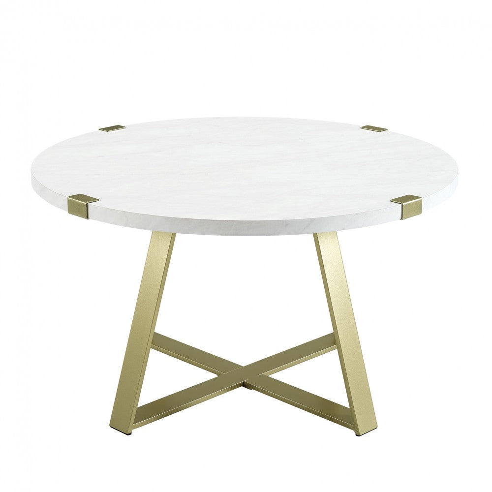 Faux Wrap Leg Urban Glam Round Coffee Table - Faux White Marble/Gold