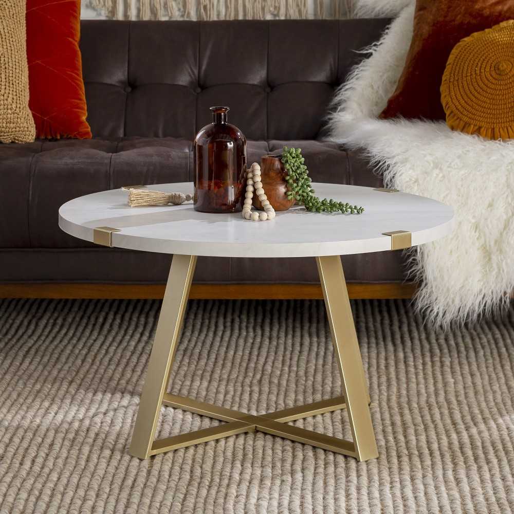 Faux Wrap Leg Urban Glam Round Coffee Table - Faux White Marble/Gold