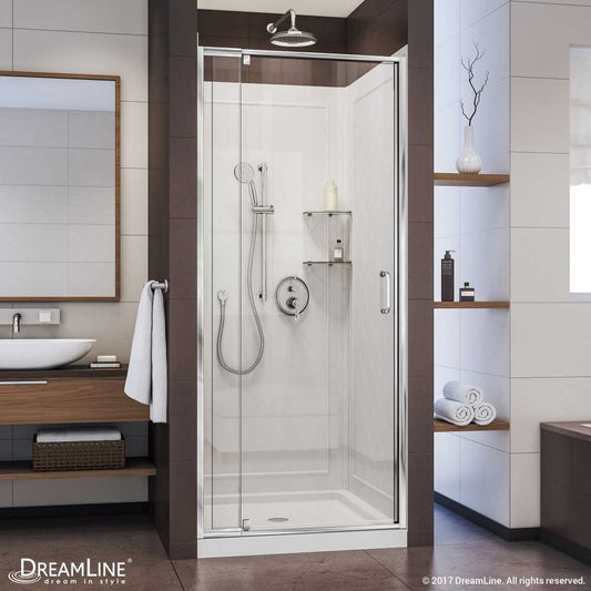Flex 32 in. D x 32 in. W x 76 3/4 in. H Semi-Frameless Shower Door in Chrome with White Base and Backwalls