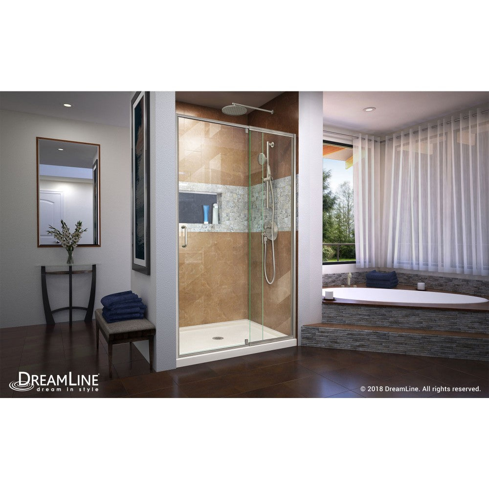 Flex 32 in. D x 42 in. W x 74 3/4 in. H Semi-Frameless Shower Door in Brushed Nickel with Center Drain Biscuit Base Kit