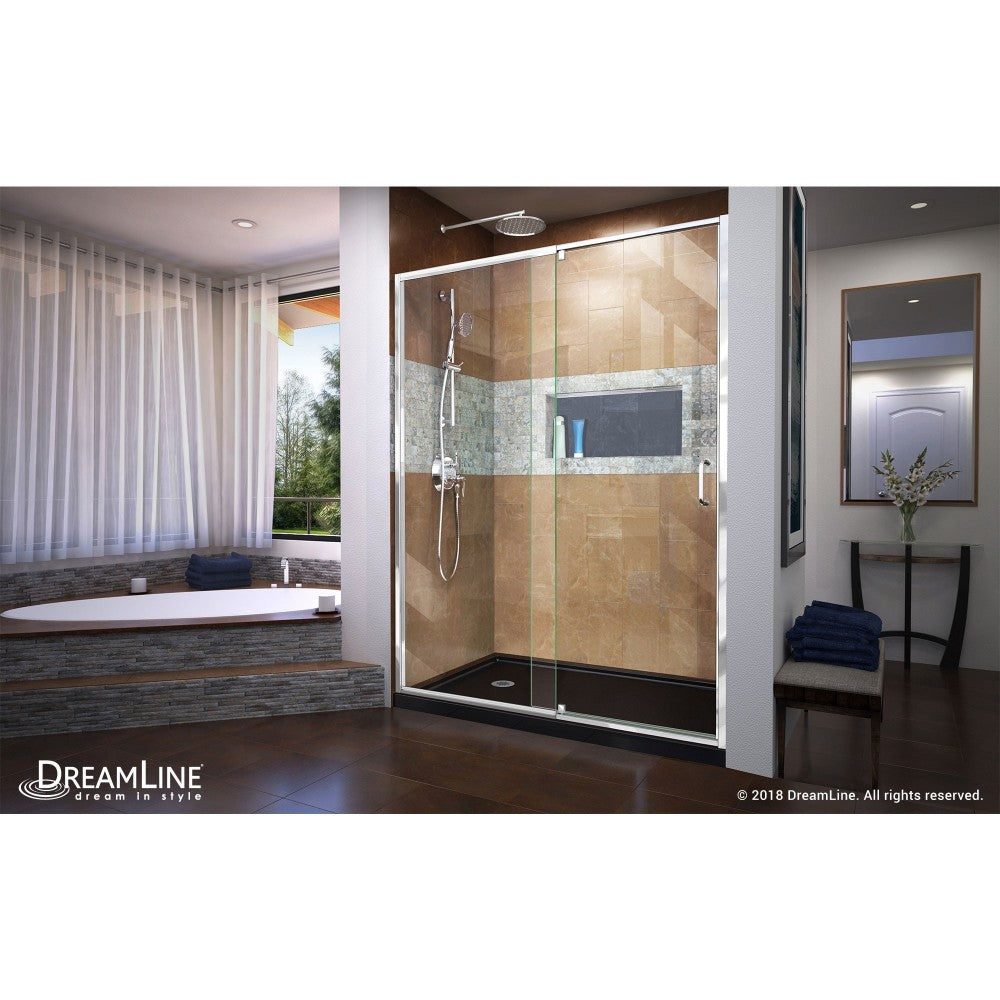Flex 34 in. D x 60 in. W x 74 3/4 in. H Semi-Frameless Pivot Shower Door in Chrome with Left Drain Black Base Kit