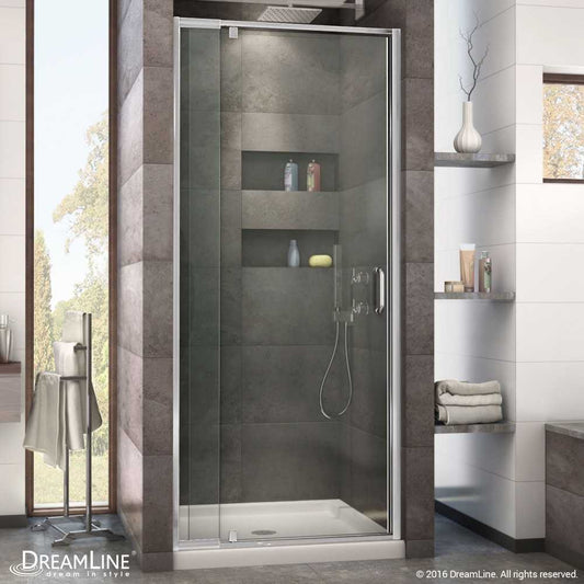 Flex 36 in. D x 36 in. W x 74 3/4 in. H Semi-Frameless Pivot Shower Door in Chrome with Center Drain Biscuit Base