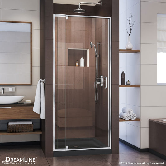 Flex 36 in. D x 36 in. W x 74 3/4 in. H Semi-Frameless Pivot Shower Door in Chrome with Center Drain Black Base