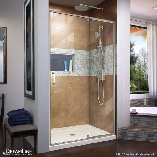 Flex 36 in. D x 48 in. W x 74 3/4 in. H Semi-Frameless Shower Door in Brushed Nickel with Center Drain Biscuit Base Kit