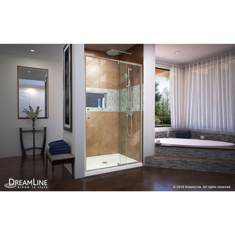 Flex 36 in. D x 48 in. W x 74 3/4 in. H Semi-Frameless Shower Door in Brushed Nickel with Center Drain White Base Kit