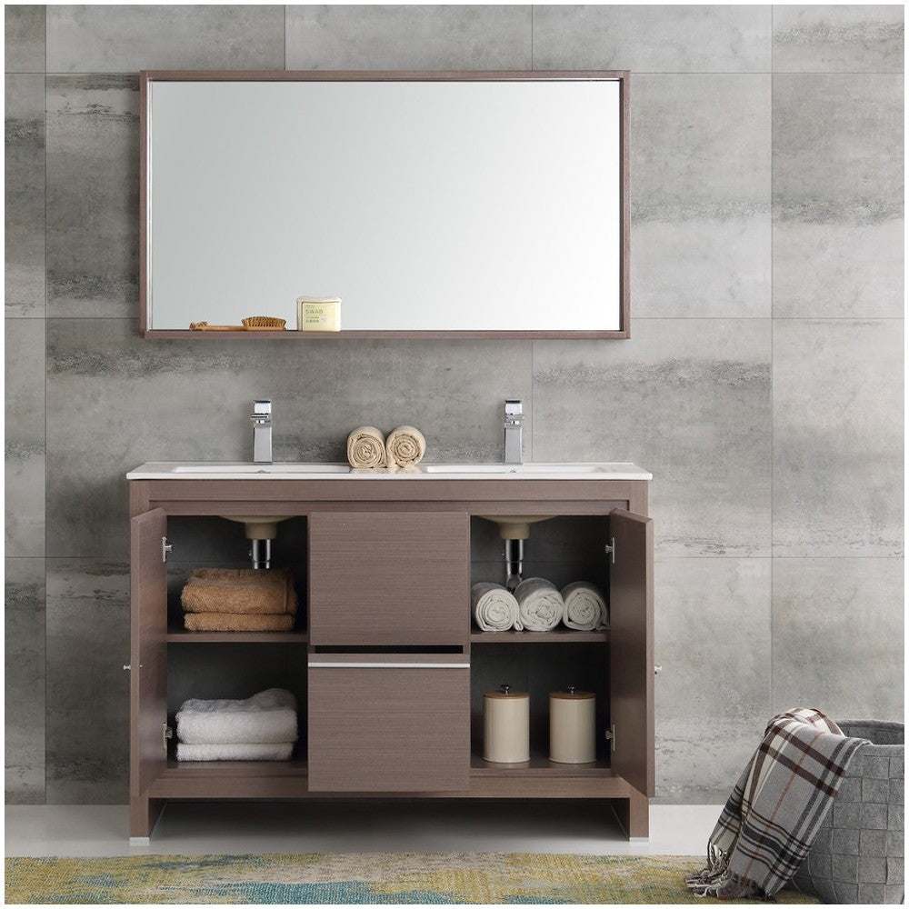 Fresca Allier 48" Gray Oak Modern Double Sink Bathroom Vanity w/ Mirror