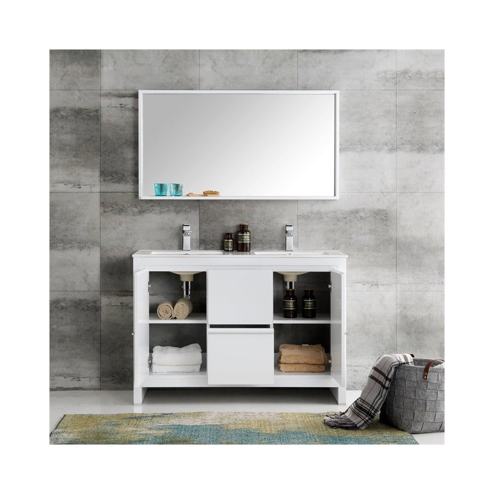 Fresca Allier 48" White Modern Double Sink Bathroom Vanity w/ Mirror