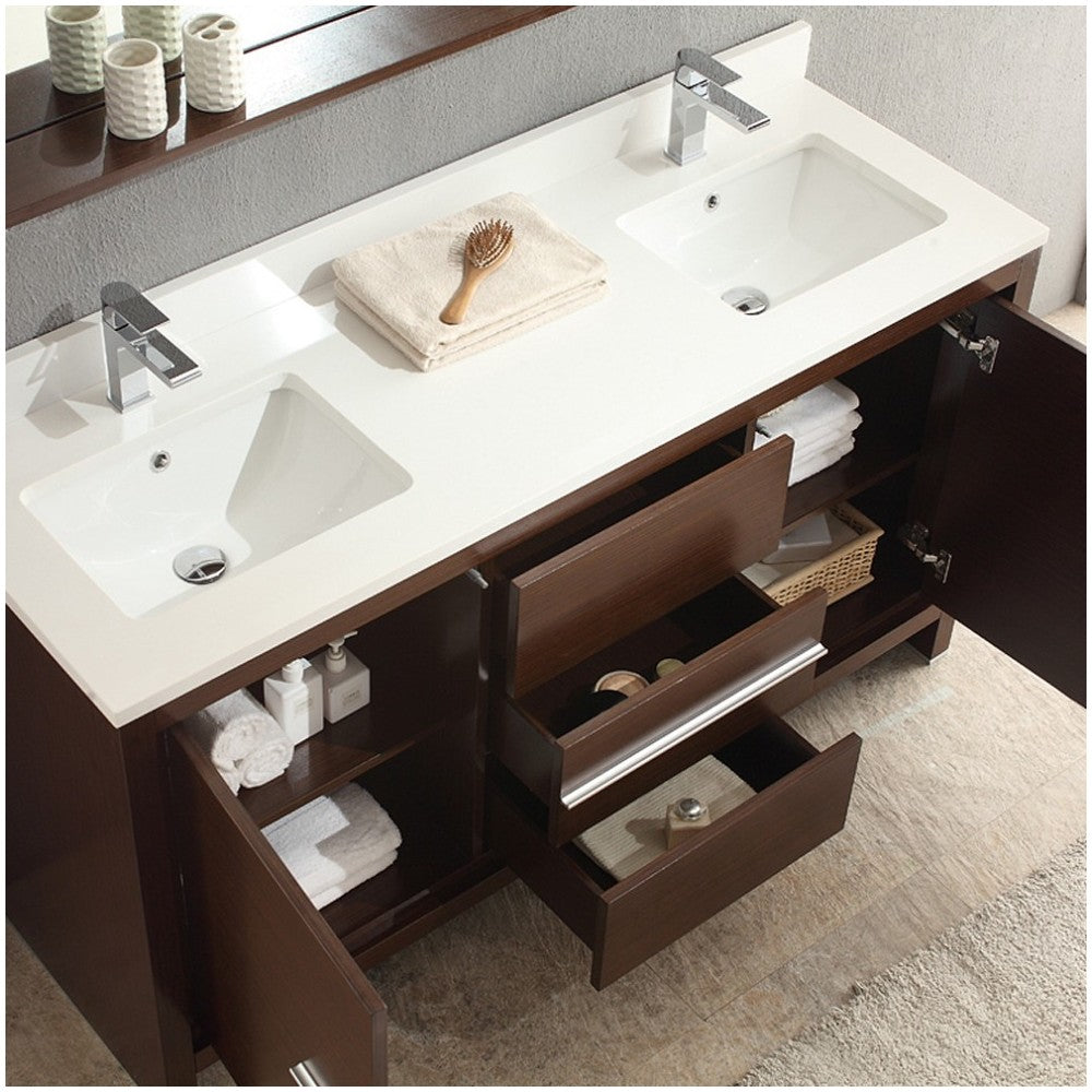 Fresca Allier 60" Wenge Brown Modern Double Sink Bathroom Vanity w/ Mirror