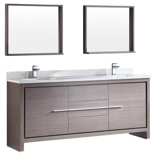 Fresca Allier 72" Gray Oak Modern Double Sink Bathroom Vanity w/ Mirror