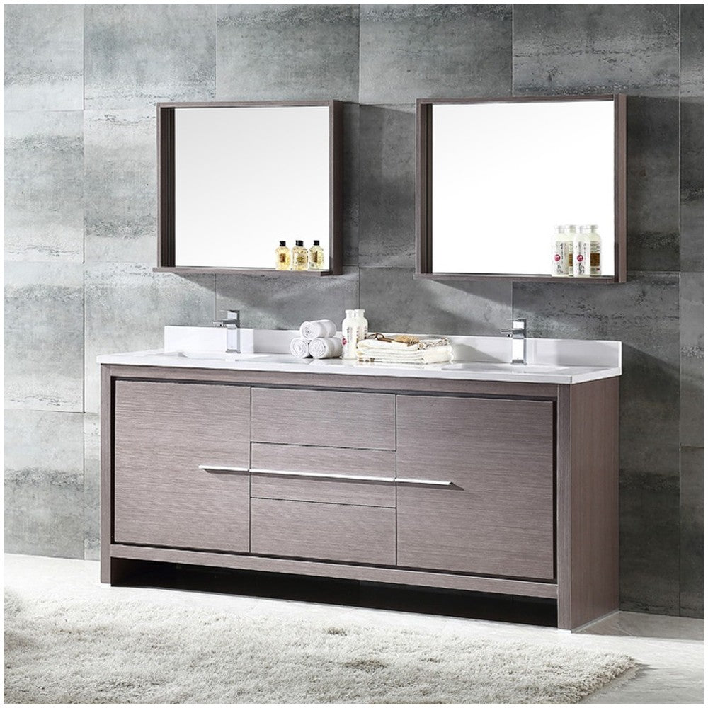 Fresca Allier 72" Gray Oak Modern Double Sink Bathroom Vanity w/ Mirror