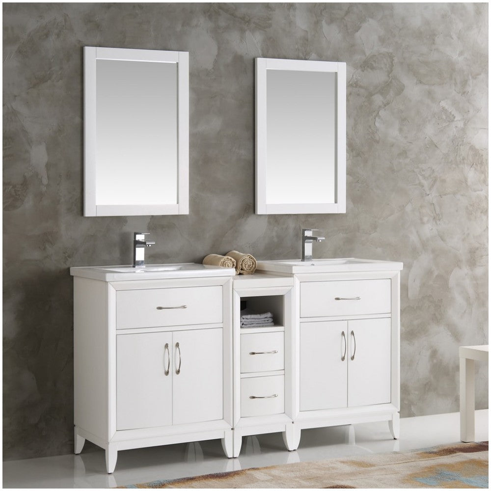 Fresca Cambridge 60" White Double Sink Traditional Bathroom Vanity w/ Mirrors