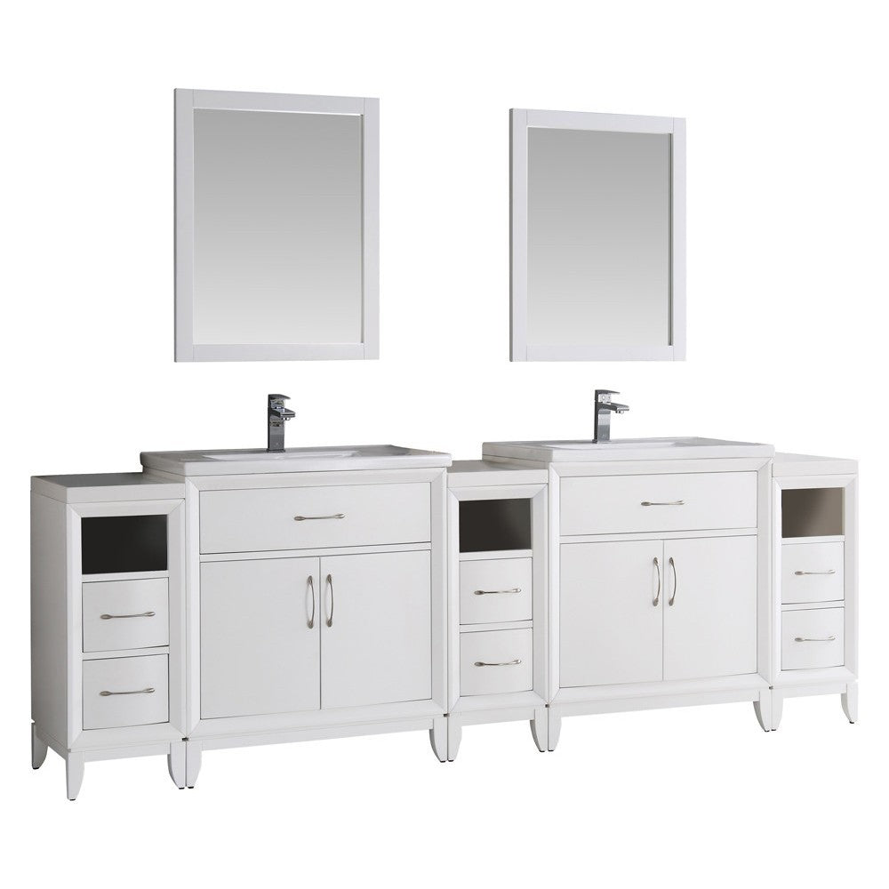 Fresca Cambridge 96" White Double Sink Traditional Bathroom Vanity w/ Mirrors