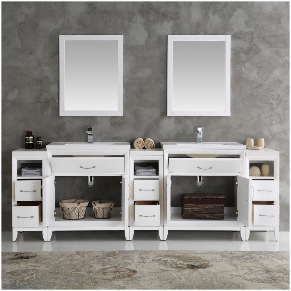 Fresca Cambridge 96" White Double Sink Traditional Bathroom Vanity w/ Mirrors