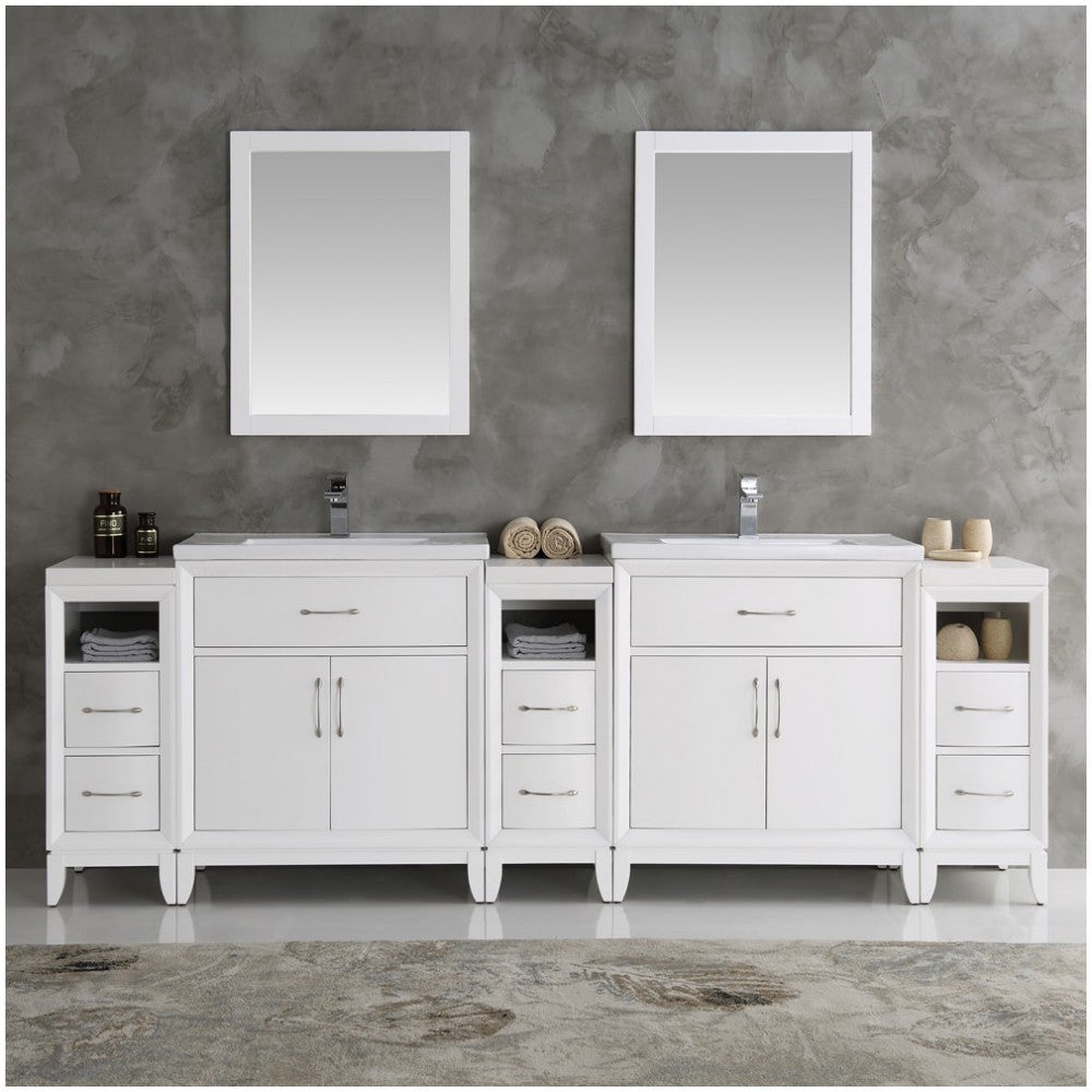 Fresca Cambridge 96" White Double Sink Traditional Bathroom Vanity w/ Mirrors