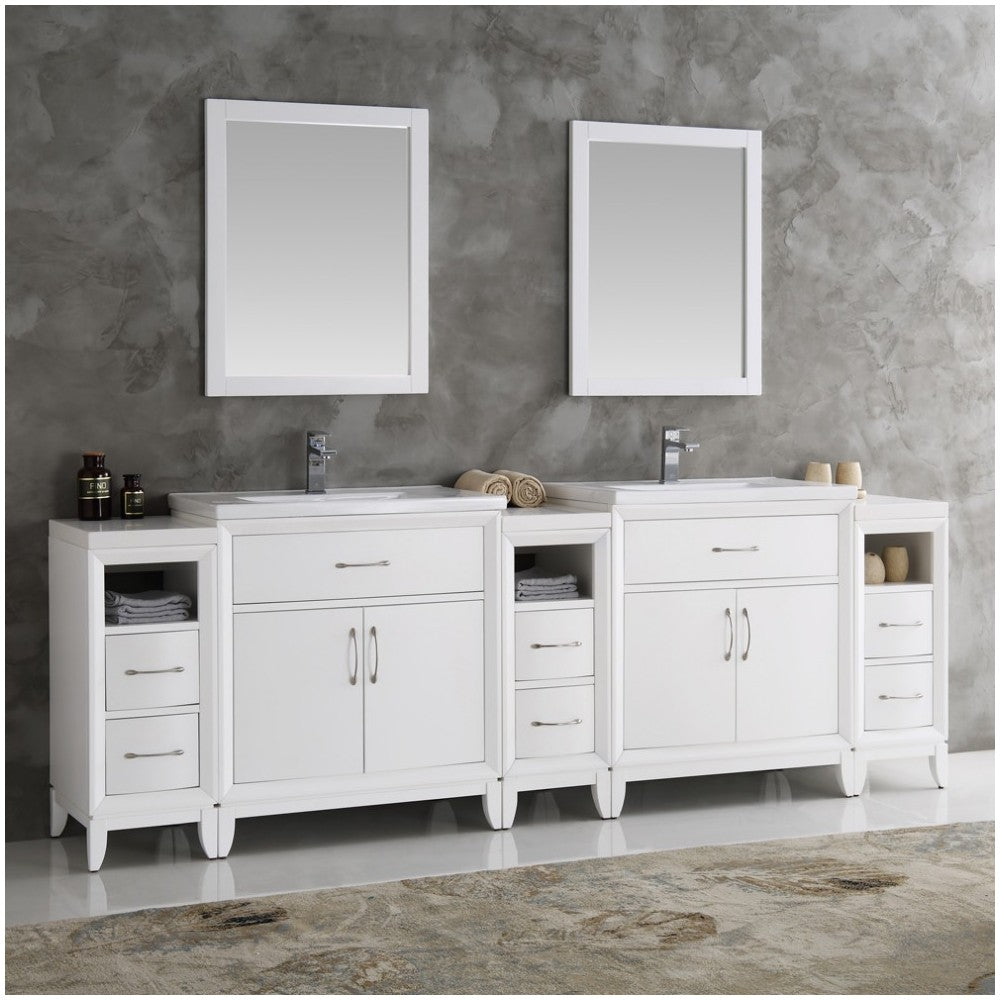 Fresca Cambridge 96" White Double Sink Traditional Bathroom Vanity w/ Mirrors