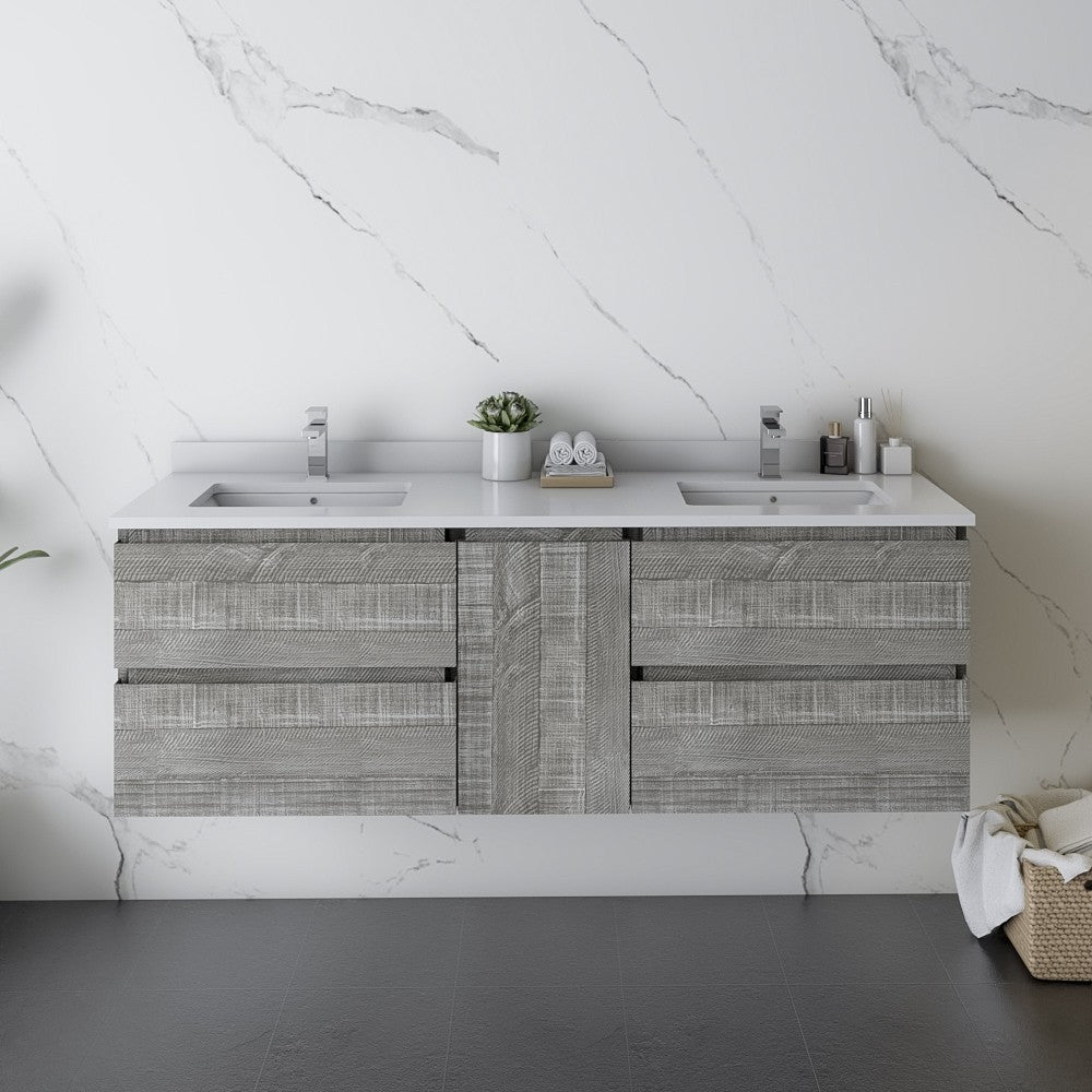 Fresca Formosa 60" Wall Hung Double Sink Bathroom Cabinet w/ Top & Sinks in Ash