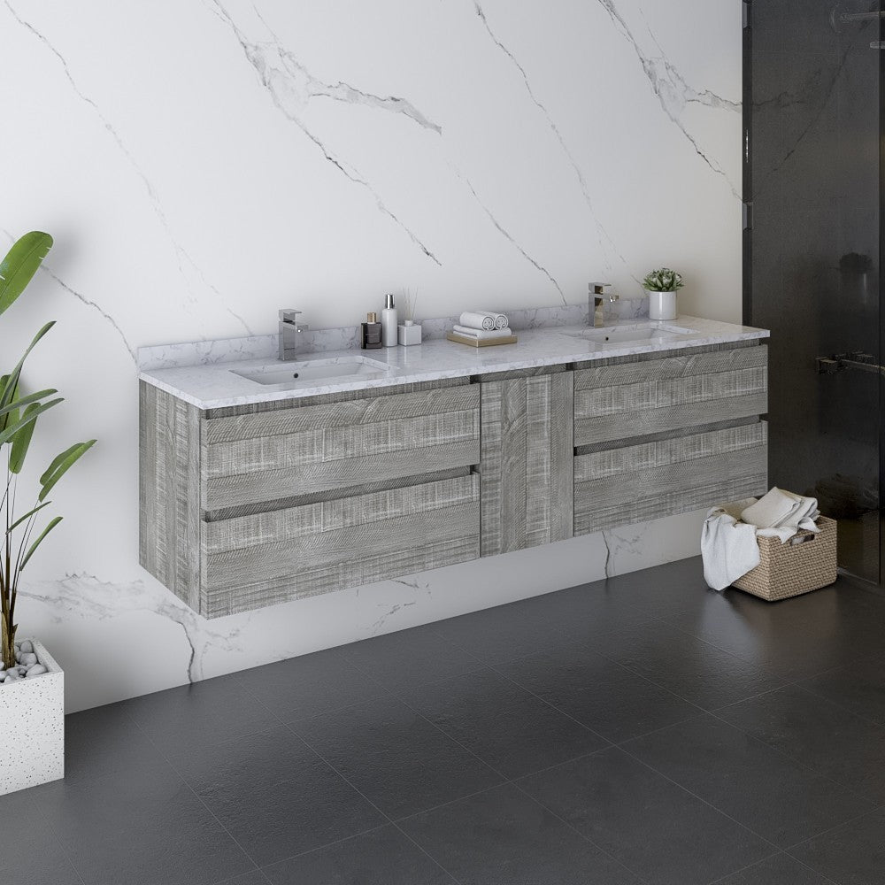 Fresca Formosa 72" Wall Hung Double Sink Bathroom Cabinet w/ Top & Sinks in Ash