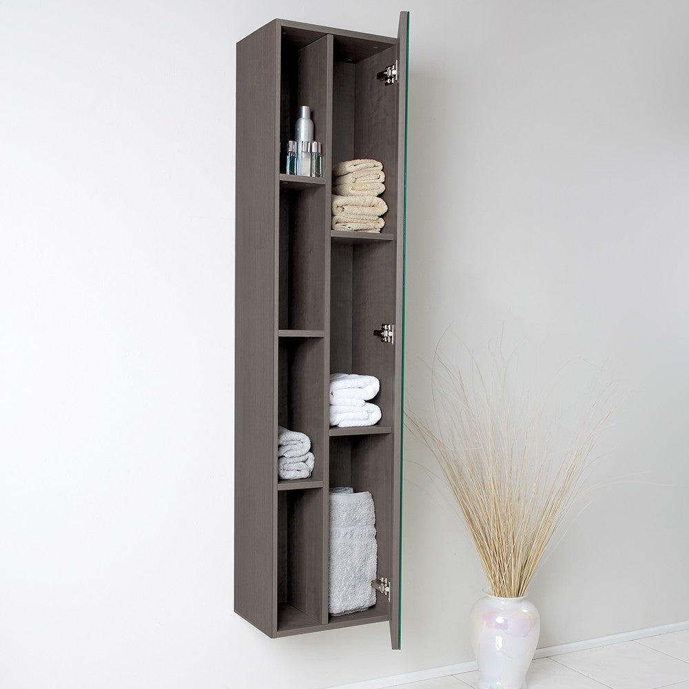 Fresca Gray Oak Bathroom Linen Side Cabinet w/ 4 Cubby Holes & Mirror