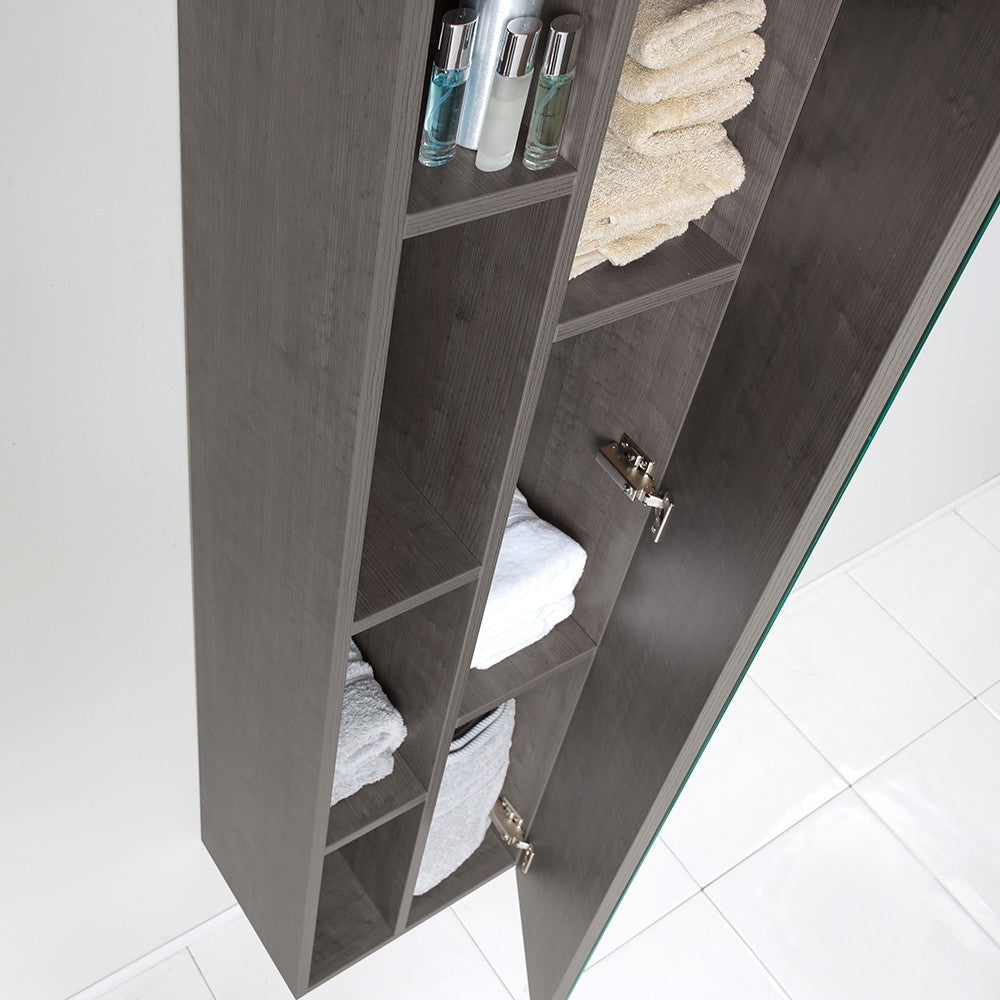 Fresca Gray Oak Bathroom Linen Side Cabinet w/ 4 Cubby Holes & Mirror