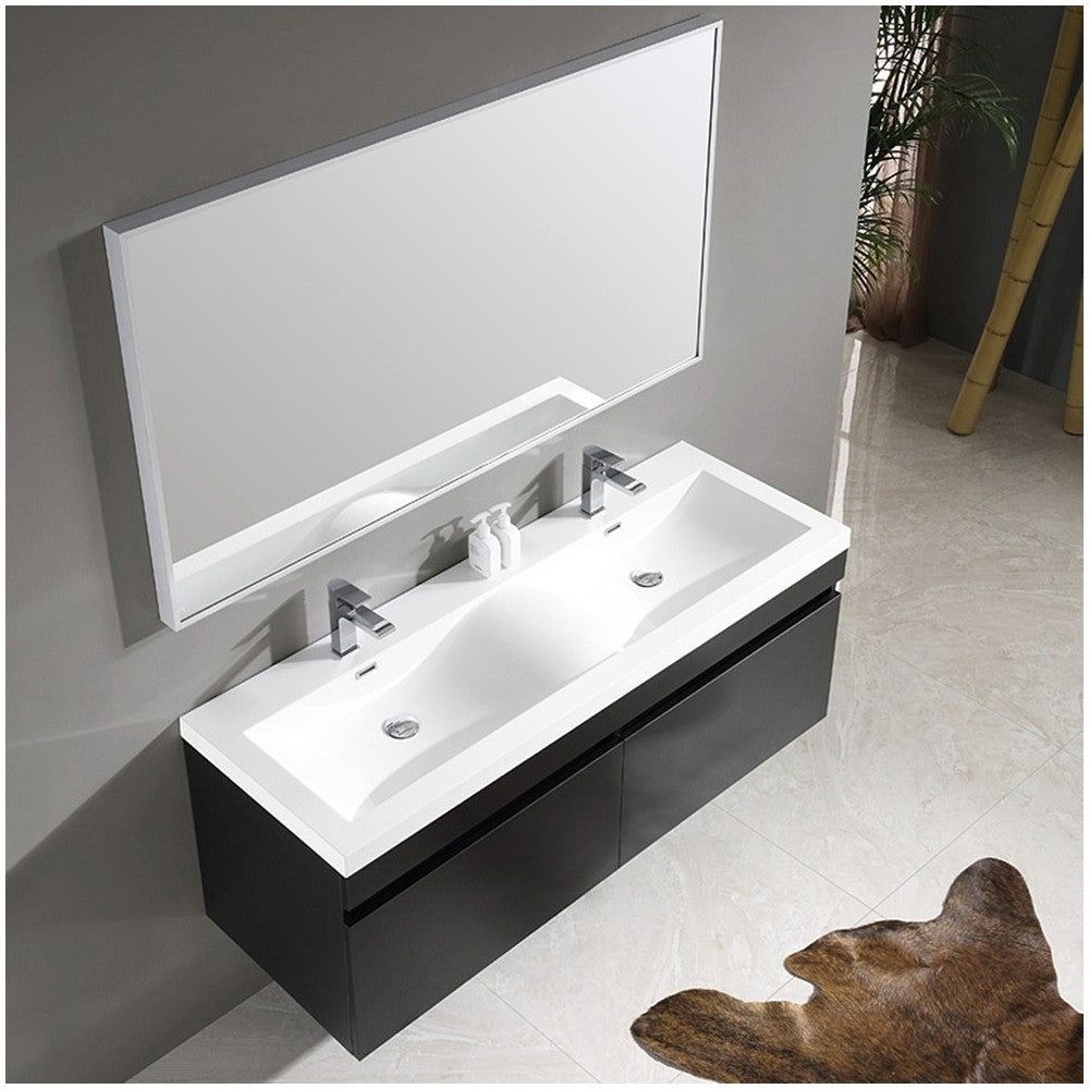 Fresca Largo 57" Black Modern Bathroom Vanity w/ Wavy Double Sinks