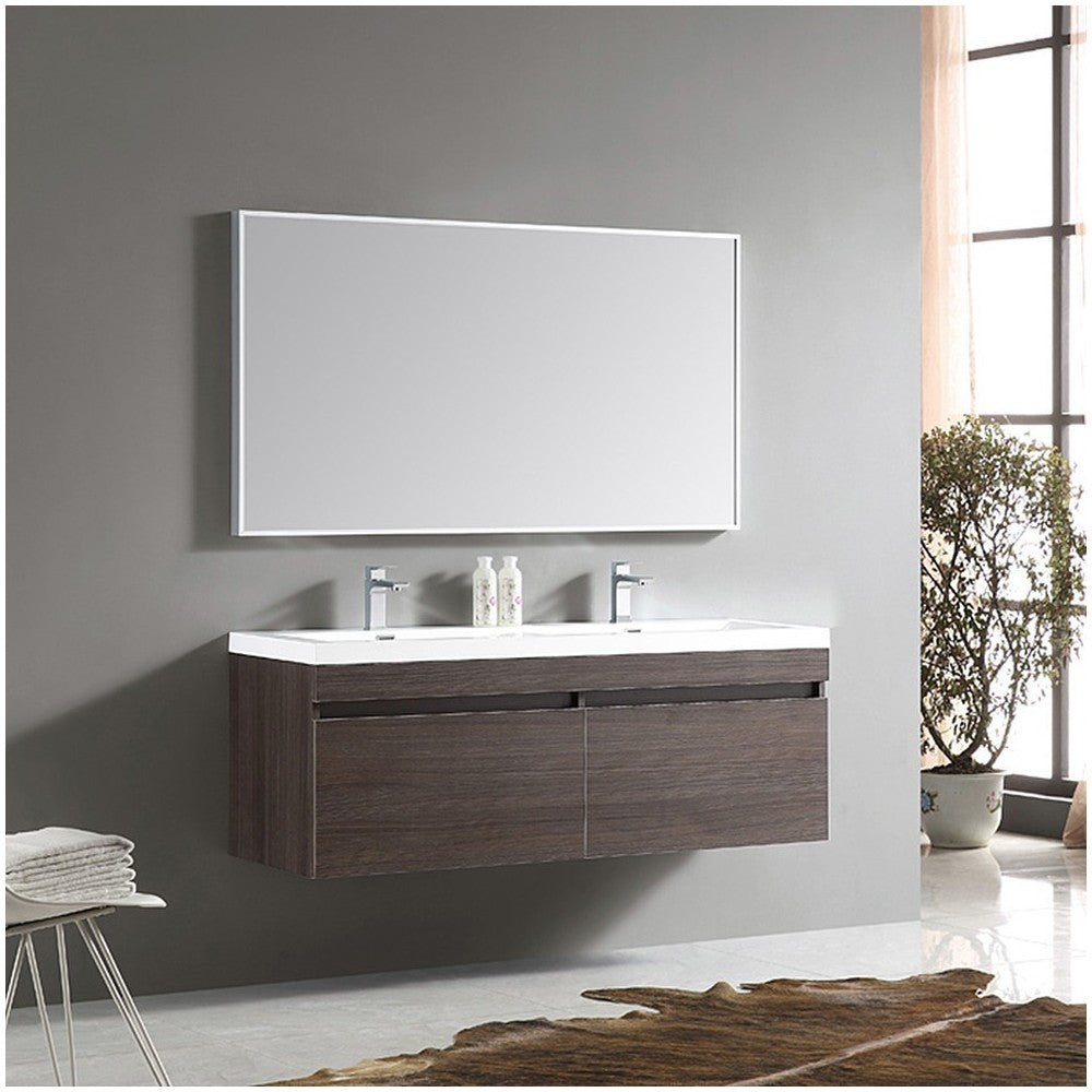 Fresca Largo 57" Gray Oak Modern Bathroom Vanity w/ Wavy Double Sinks