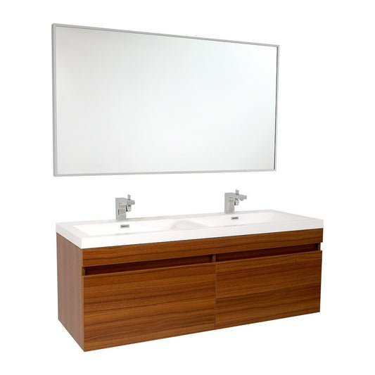 Fresca Largo 57" Teak Modern Bathroom Vanity w/ Wavy Double Sinks