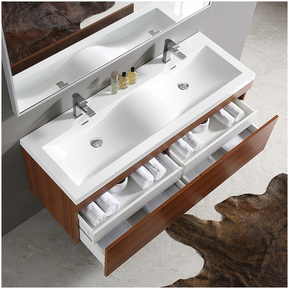 Fresca Largo 57" Teak Modern Bathroom Vanity w/ Wavy Double Sinks