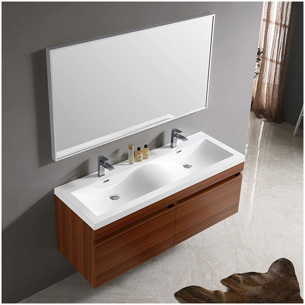 Fresca Largo 57" Teak Modern Bathroom Vanity w/ Wavy Double Sinks