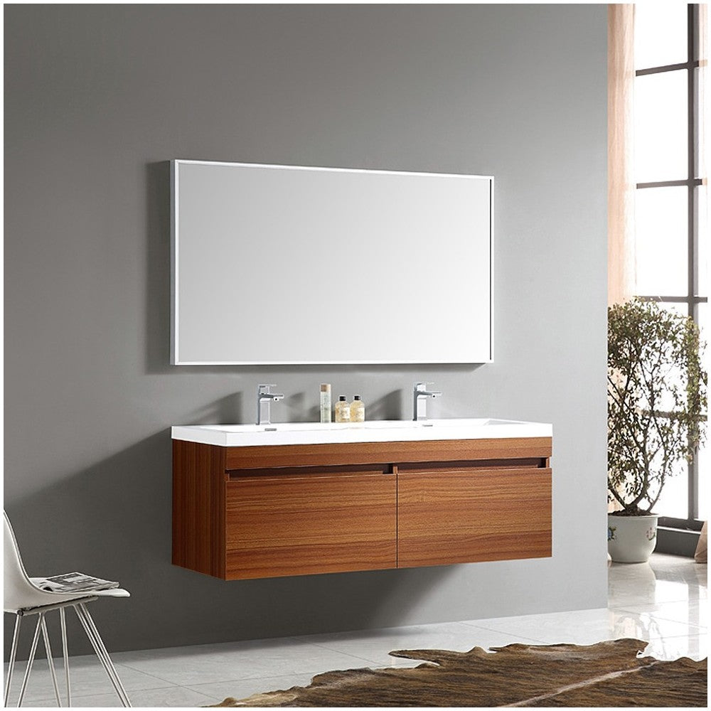 Fresca Largo 57" Teak Modern Bathroom Vanity w/ Wavy Double Sinks